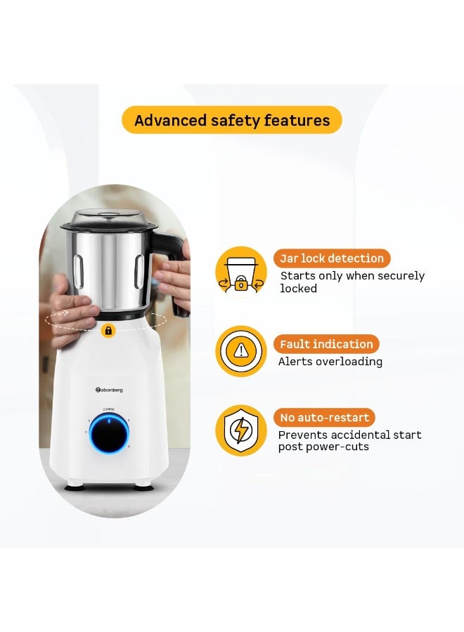 Atomberg Yulia 750 Watt Mixer Grinder | 4 Multipurpose Jars including Chopper Jar | Coarse Mode for Silbatta-like Textures | Powerful Intelligent Motor | Advanced Safety Features | Snow White - Image 2